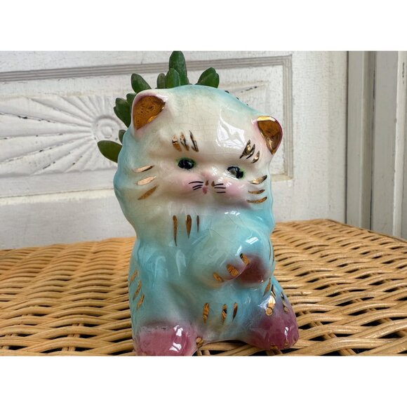 Vintage 50's Blue Ceramic Cat Kitten Planter Pot Vase Kitsch Retro - Picture 10 of 11